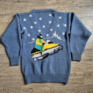 Handknit Merino Wool Cardigan Sweater Snowmobile + Snowflake Print Gray Blue